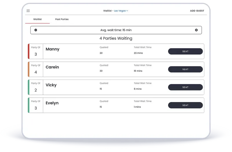 Popmenu digital waitlist host view showing four waiting parties with quoted and total wait times