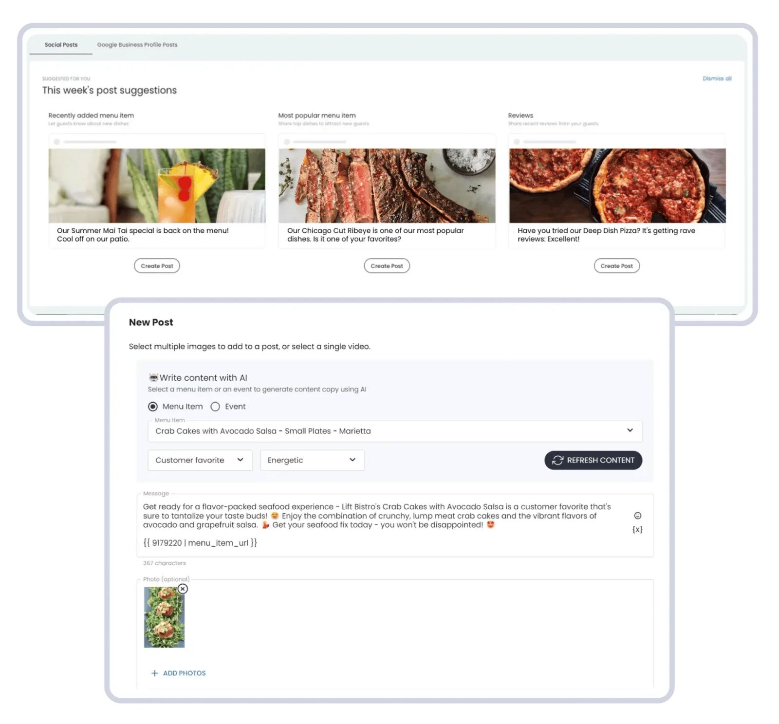 Popmenu’s AI content tool showing this week’s post suggestions and a “Write content with AI” composer generating a social caption from a menu item