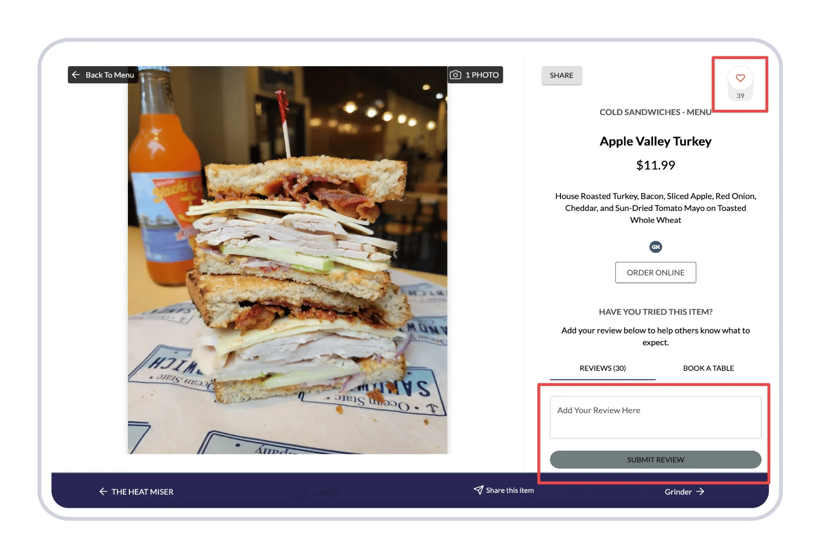 A Popmenu interactive menu dish page for an Apple Valley Turkey sandwich with likes and a review box