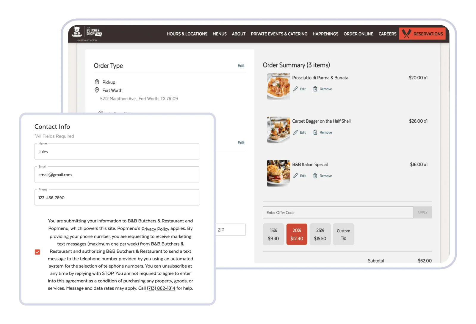 A Popmenu online ordering checkout capturing name, email and phone with a marketing-text opt-in for B&B Butchers
