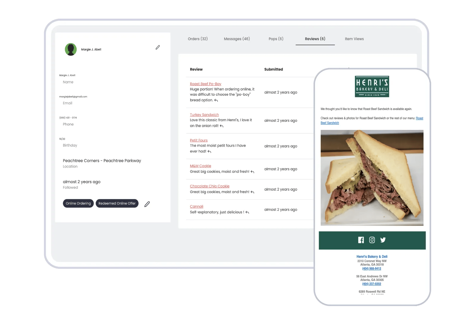 A Popmenu guest profile showing captured contact details and dish reviews beside a personalized “your favorite is back” email from Henri’s Bakery & Deli