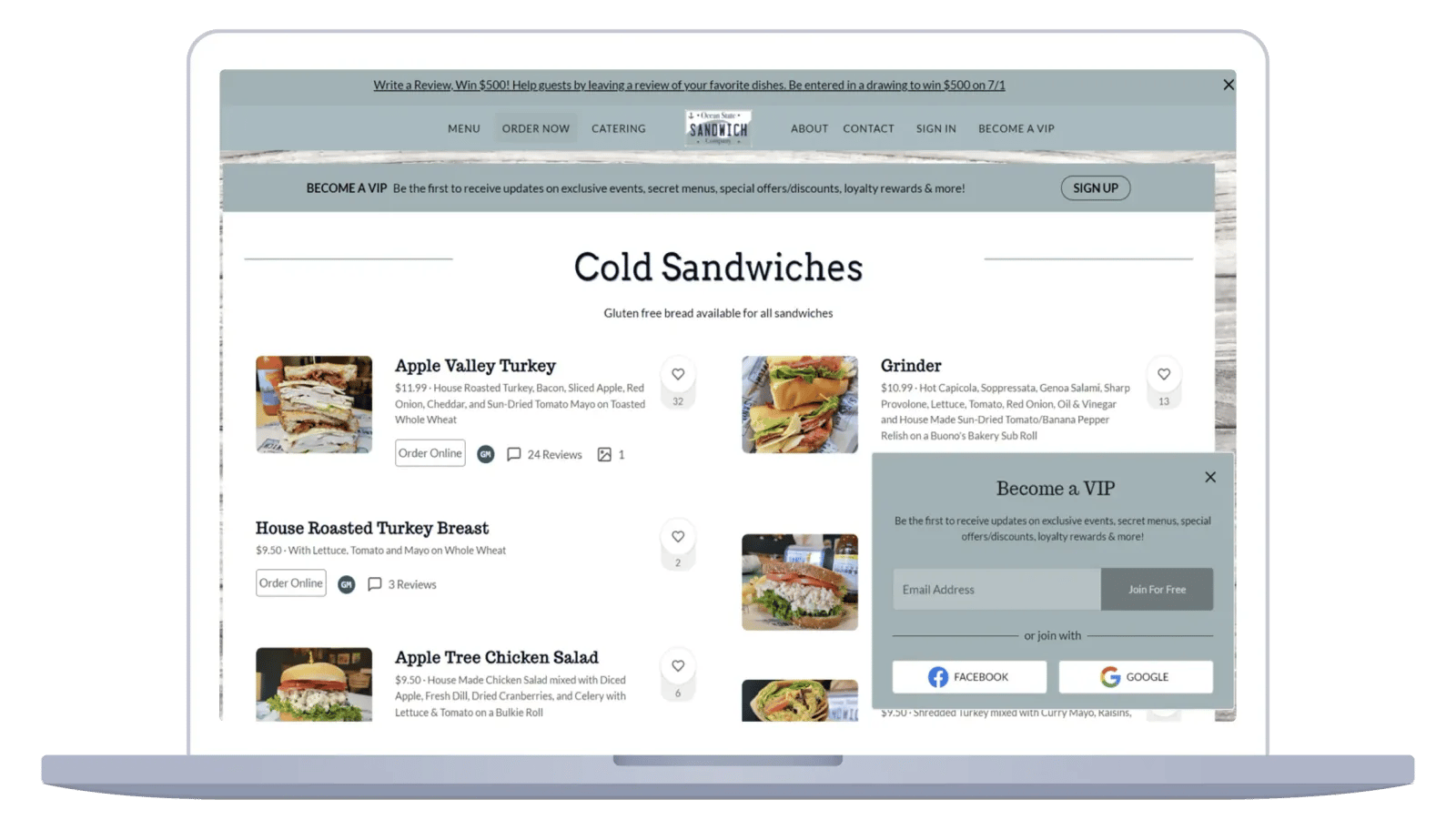 Ocean State Sandwich Company’s website showing a “Write a Review, Win $500” banner, dish likes and reviews, and a “Become a VIP” sign-up popup