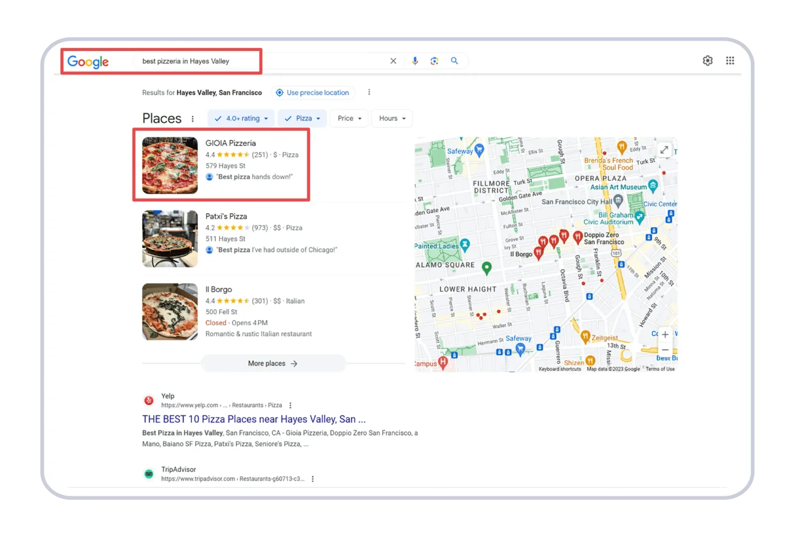 A Google search results page for “best pizzeria in Hayes Valley” with GIOIA Pizzeria ranked #1 in the local Places pack