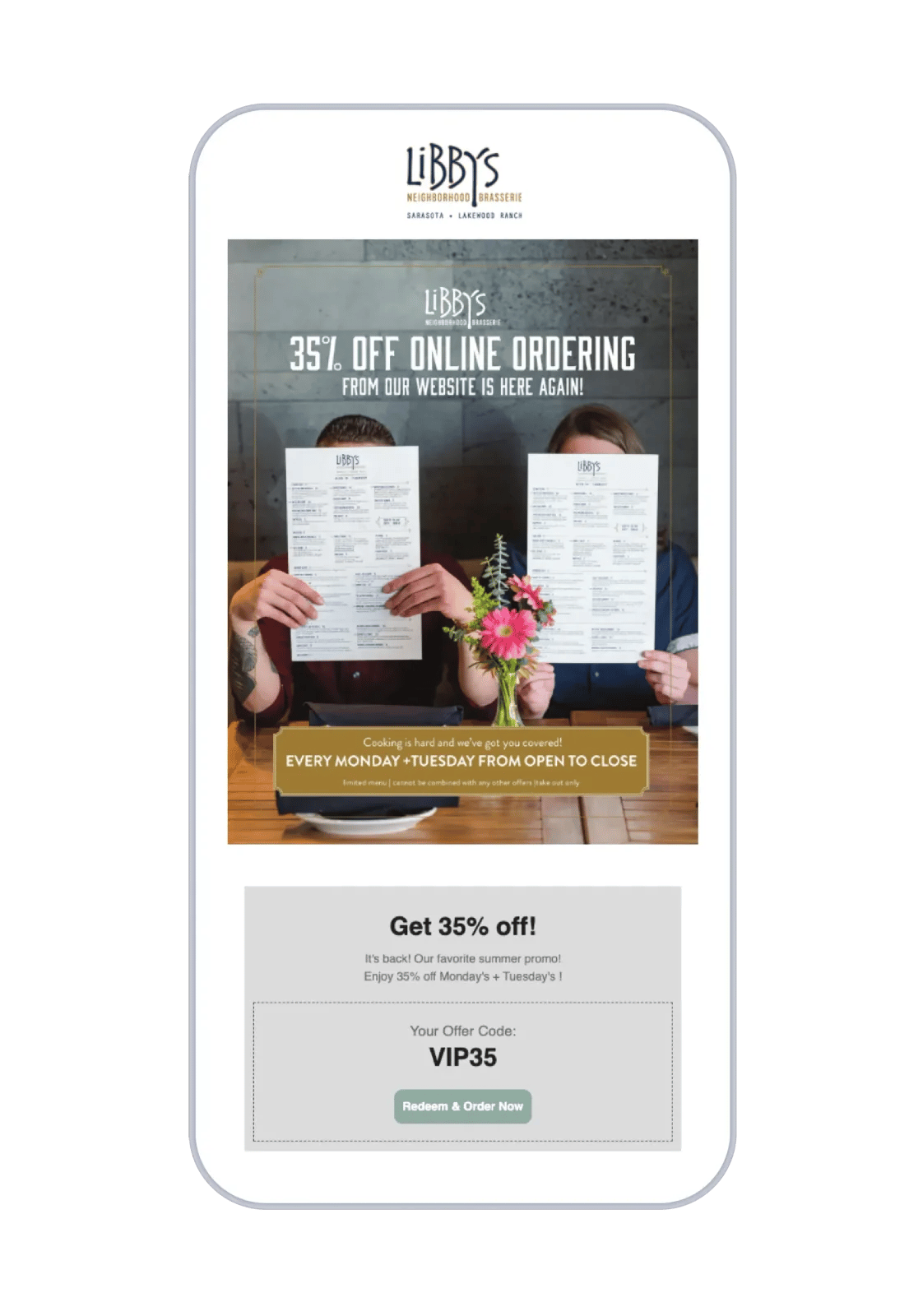 A Libby’s Neighborhood Brasserie email promoting 35% off online ordering every Monday and Tuesday, with offer code VIP35