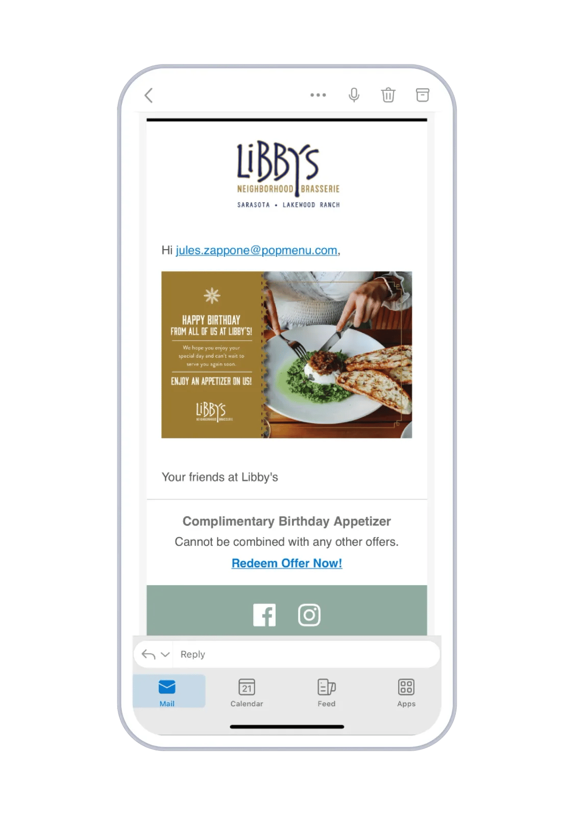A Libby’s Neighborhood Brasserie birthday email offering a complimentary birthday appetizer