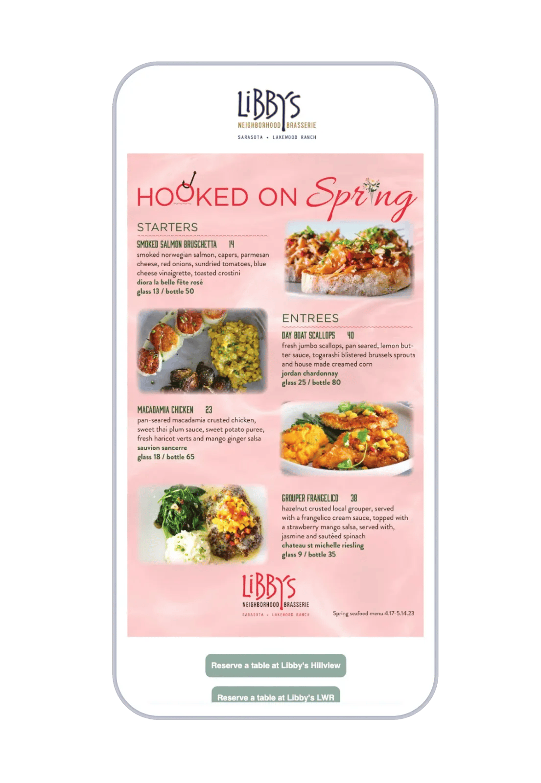 A Libby’s Neighborhood Brasserie “Hooked on Spring” seasonal menu email with reserve-a-table calls to action