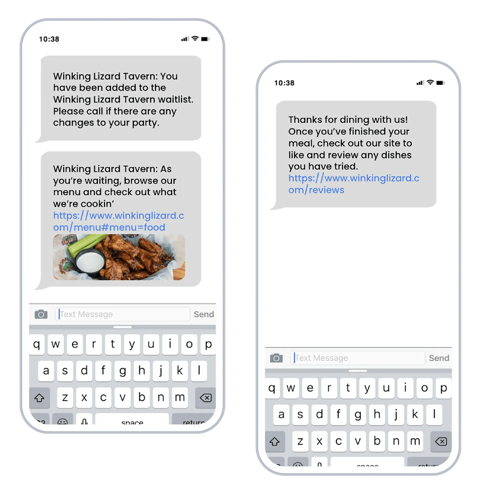 Automated Winking Lizard Tavern waitlist texts on a phone: a waitlist confirmation, a browse-the-menu link and a post-visit request to review dishes