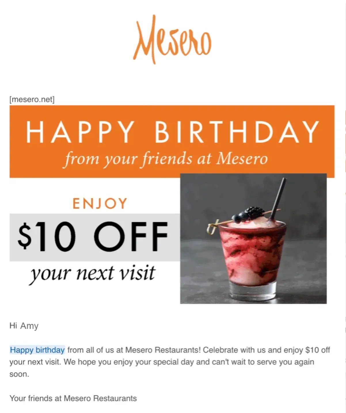 A birthday email from Mesero offering a guest $10 off their next visit