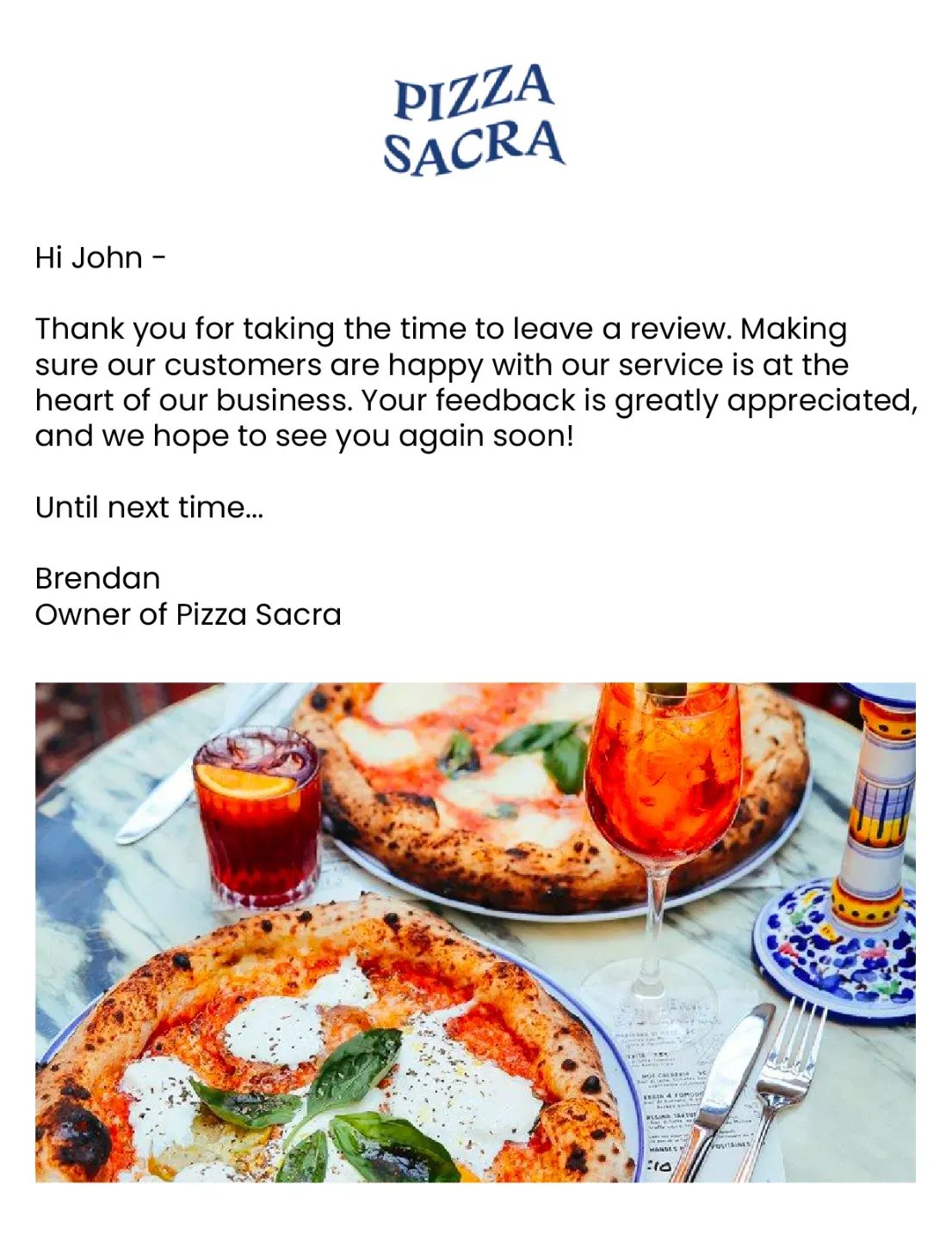 A thank-you email from the owner of Pizza Sacra responding to a guest’s review