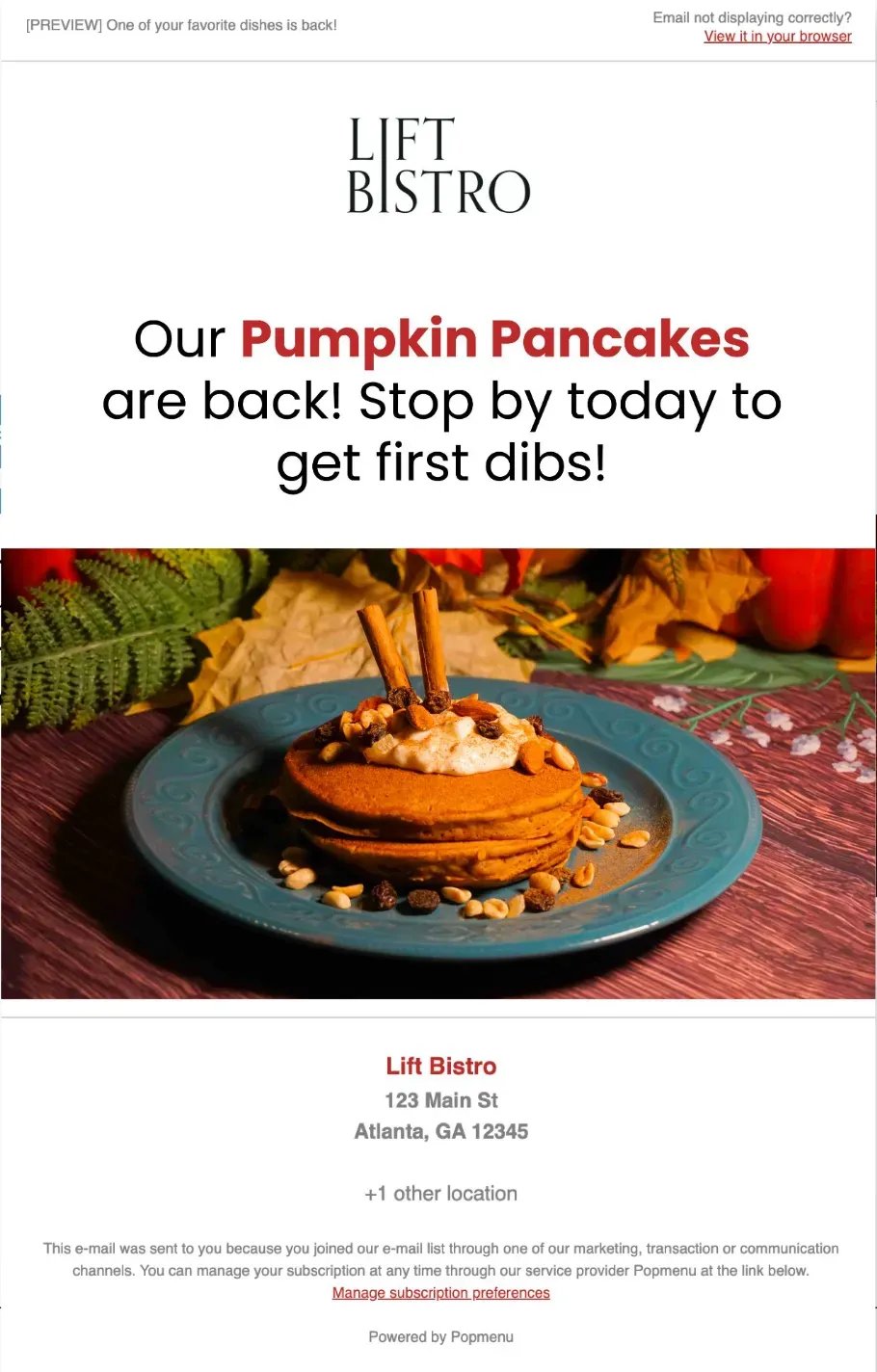 An email from Lift Bistro announcing that its pumpkin pancakes are back on the menu