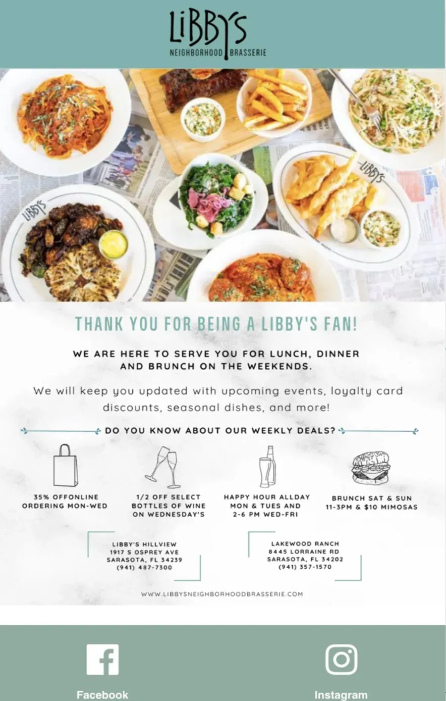 A welcome email from Libby’s thanking a new guest for signing up and highlighting weekly deals