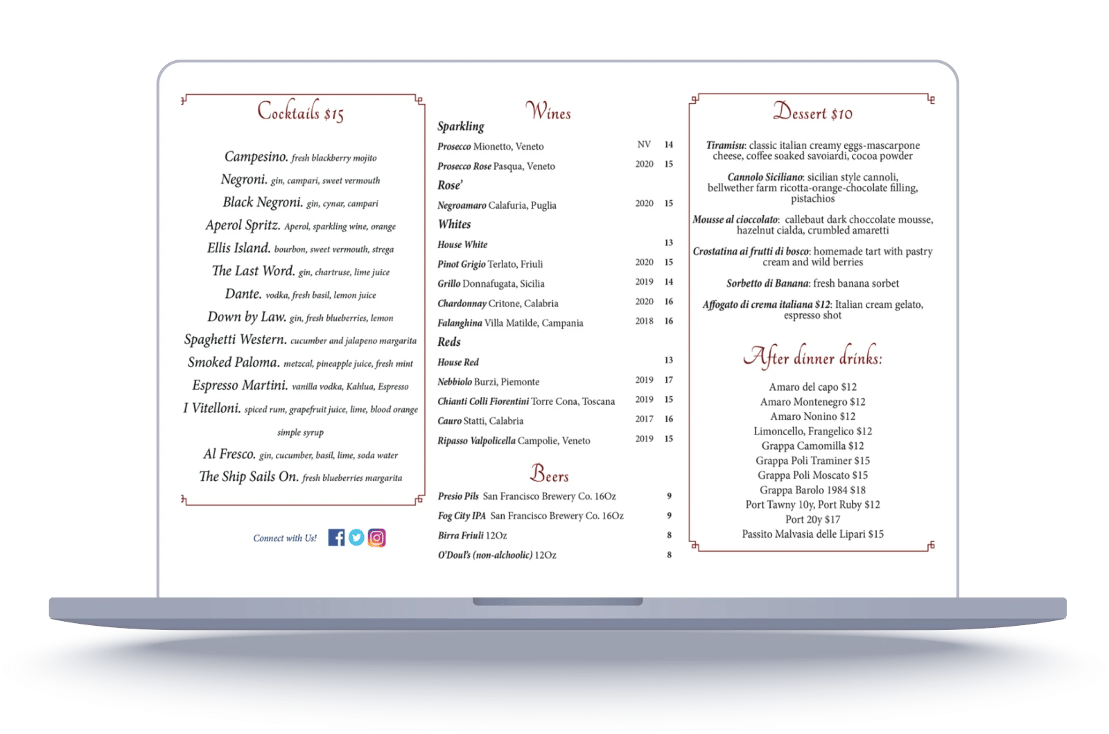 A Popmenu interactive online menu of cocktails, wines and desserts displayed on a laptop