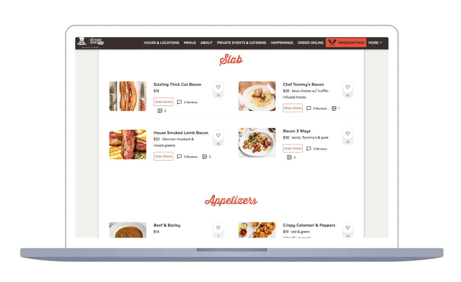 A Popmenu interactive menu with dish photos, prices, reviews and one-tap online ordering on a laptop