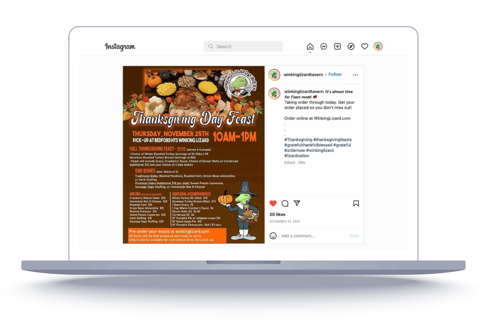 Winking Lizard Tavern’s Thanksgiving Day Feast pre-order promotion shown on a laptop