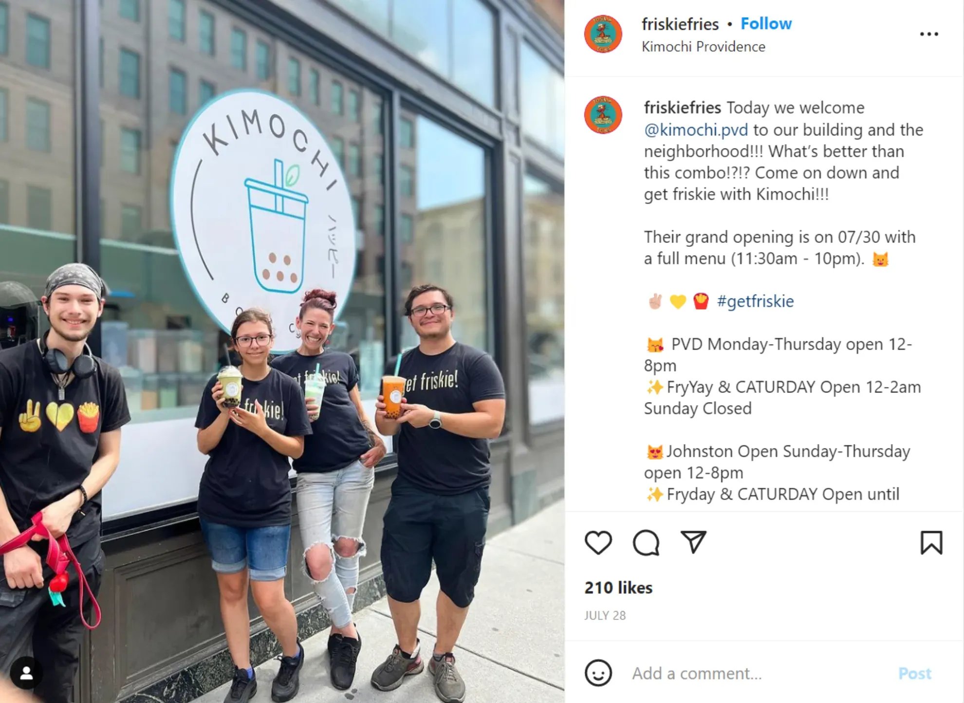 An Instagram post from @friskiefries welcoming a neighboring business, with the team out front