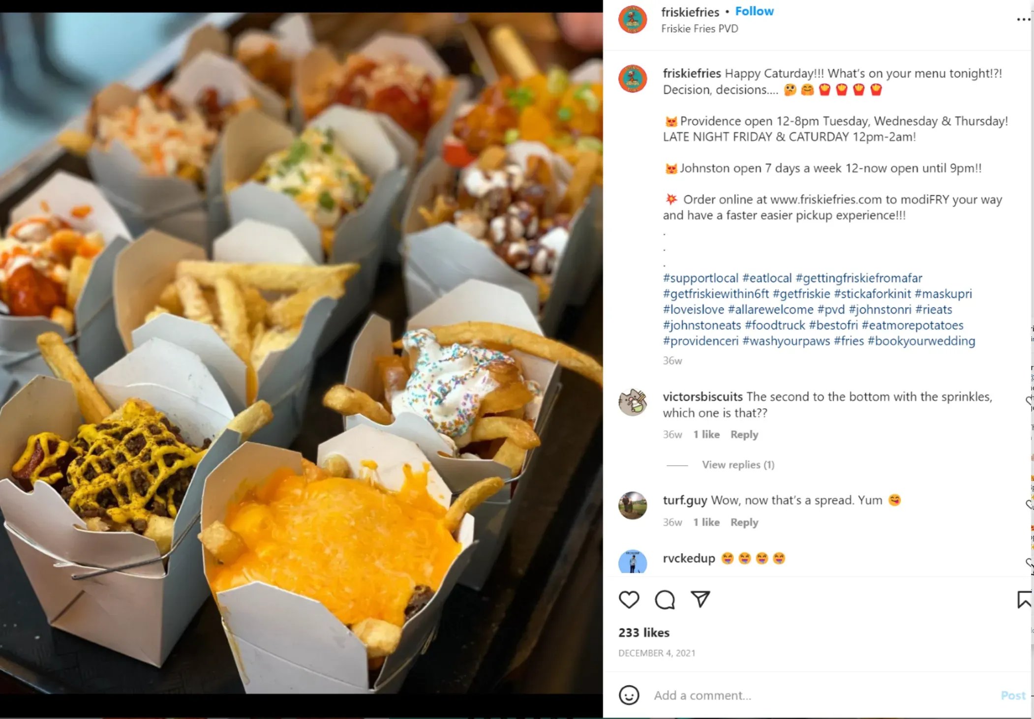 An Instagram post from @friskiefries showing an assortment of loaded fries