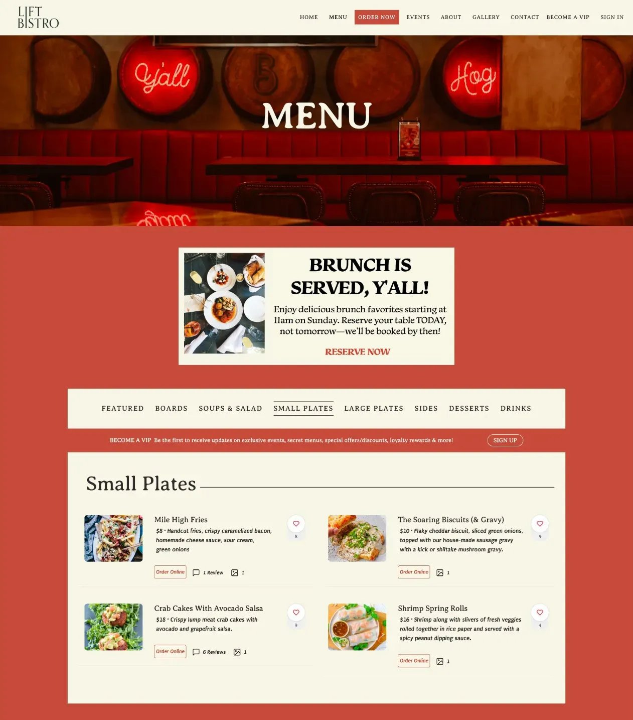 A “Brunch is served, y’all” announcement banner displayed above a restaurant’s online menu