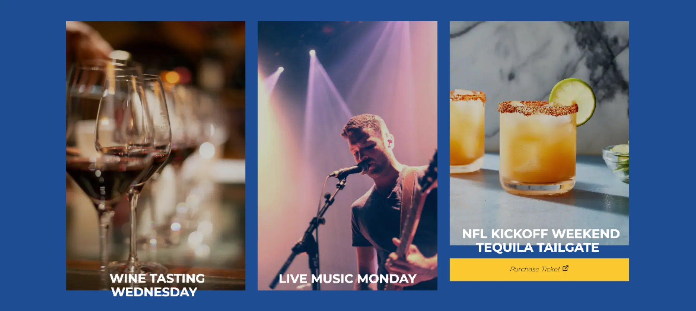 A restaurant website events calendar showing Wine Tasting Wednesday, Live Music Monday and an NFL kickoff tailgate