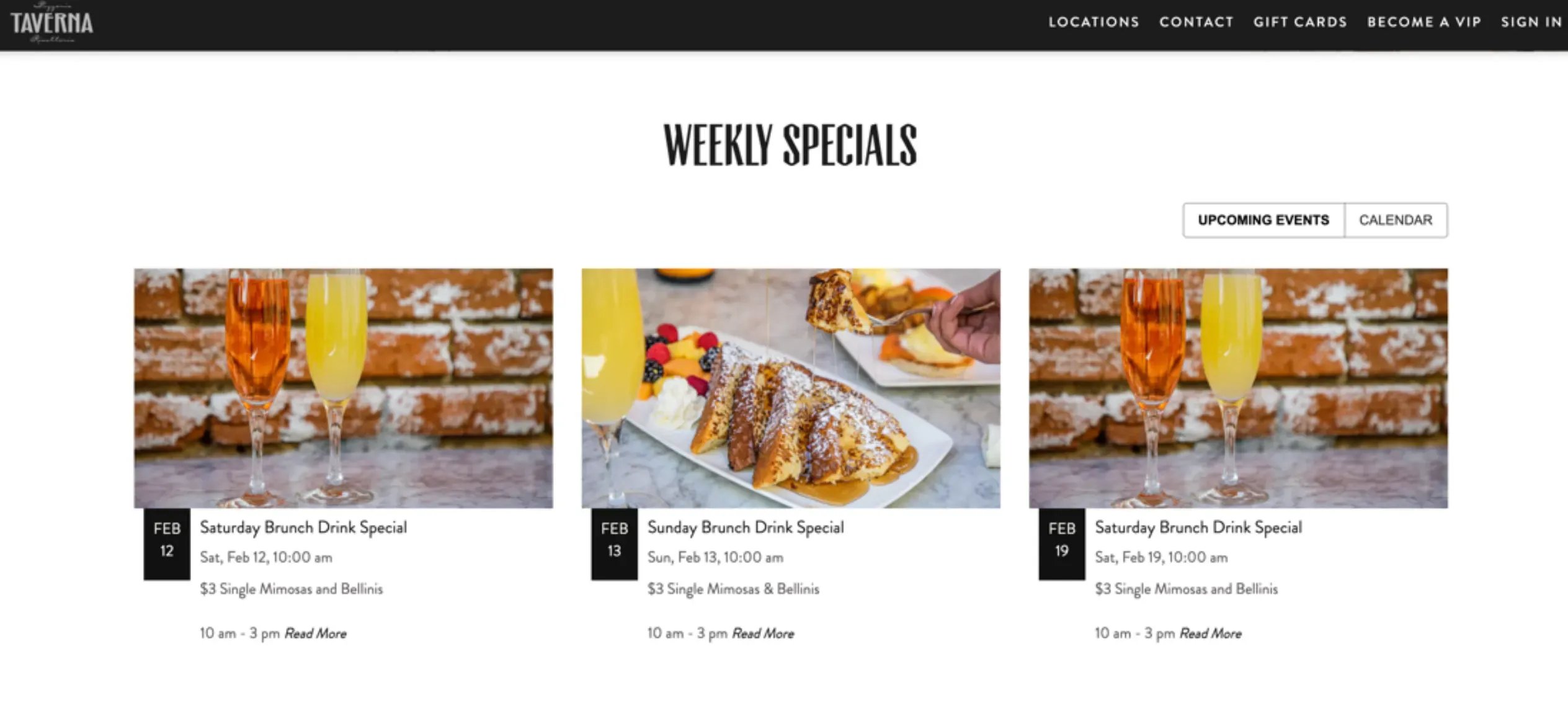 A restaurant’s events page promoting recurring weekly drink specials with photos