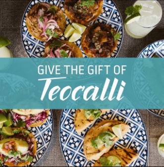 Tacos on patterned plates with "Give the Gift of Teocalli" text overlaid