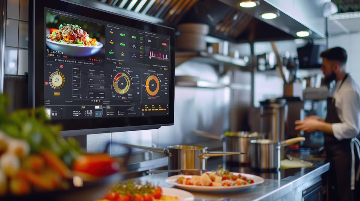 A restaurant kitchen display screen showing an AI-powered analytics dashboard