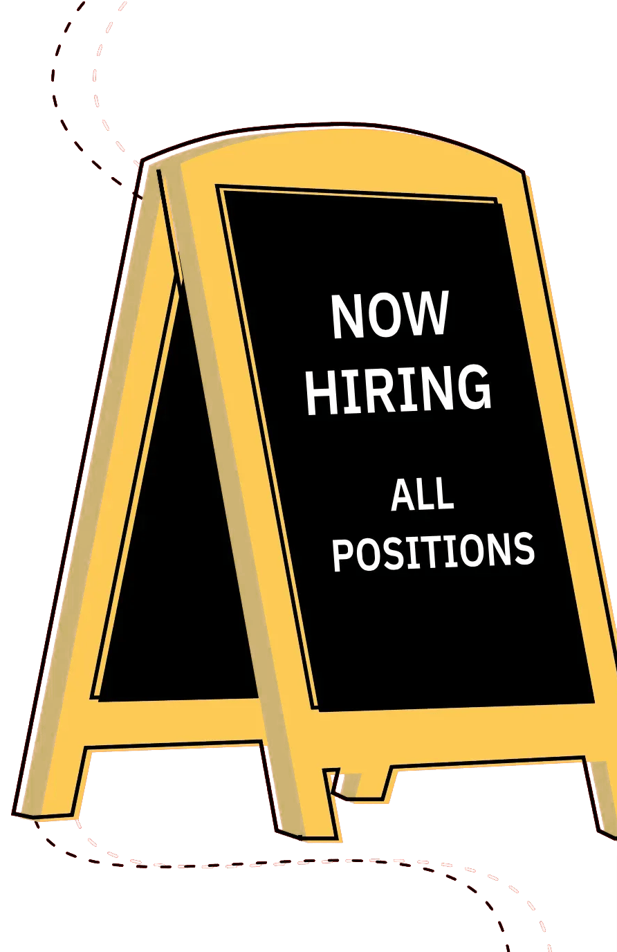Illustration of an A-frame sidewalk sign reading Now Hiring, All Positions