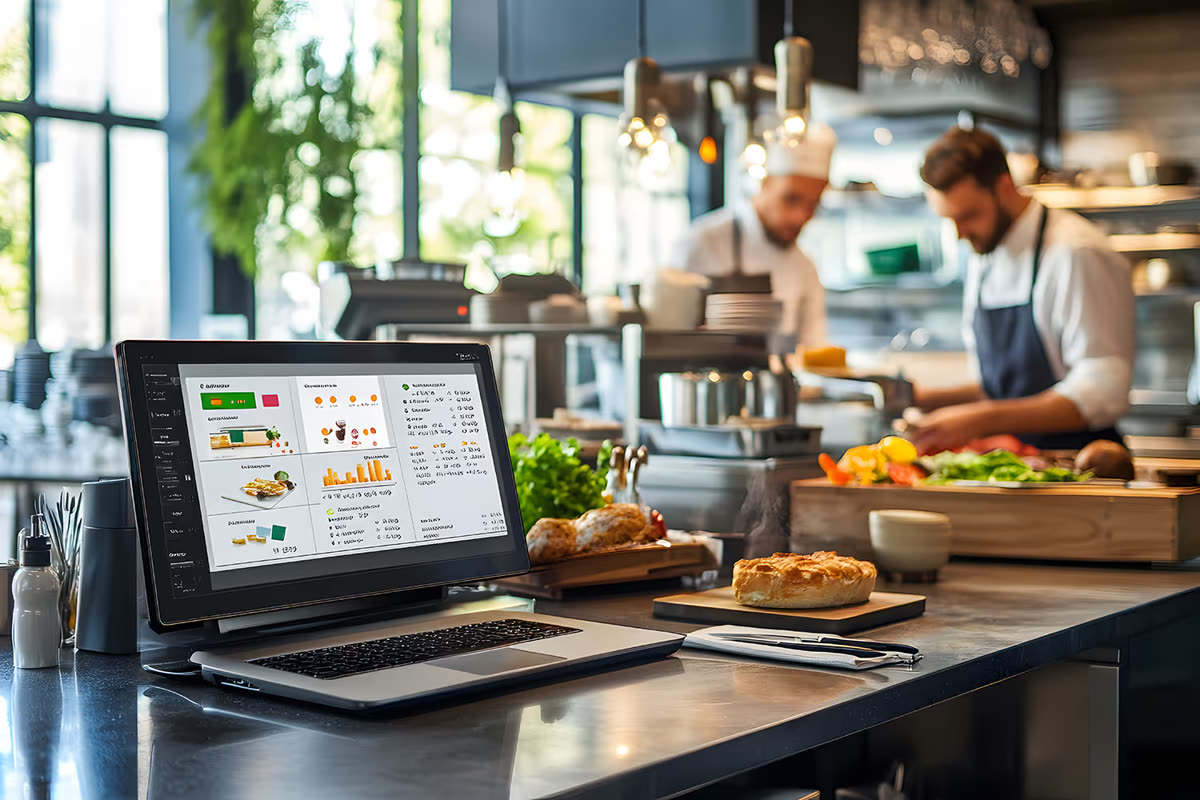 A restaurant's performance dashboard on a laptop in a working kitchen